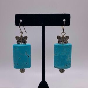 Turquoise and Butterfly Silver Tone Earrings